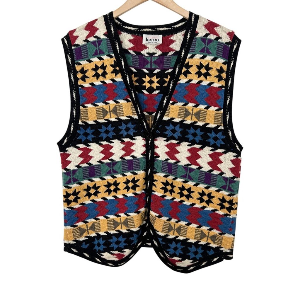 Keren Vintage Sleeveless Geometric Print Knit Sweater Vest (L)